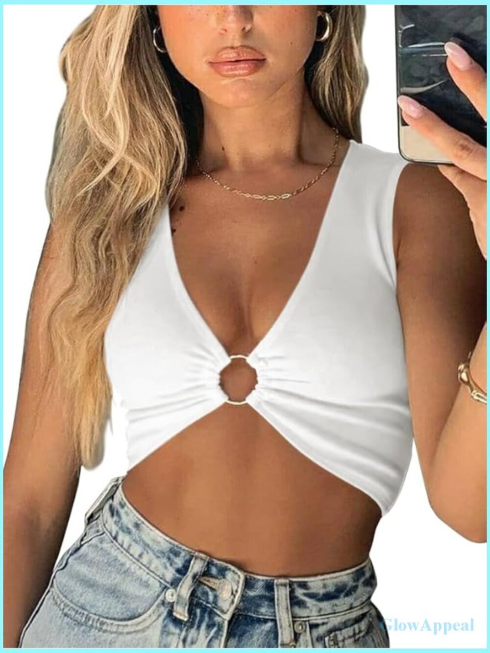 Sleeveless Deep V Neck Cropped Tank Top with O-Ring